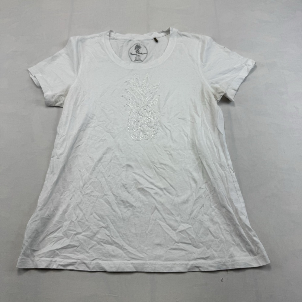 Tommy Bahama Womens M White Sequin Pineapple Cotton Graphic Tee